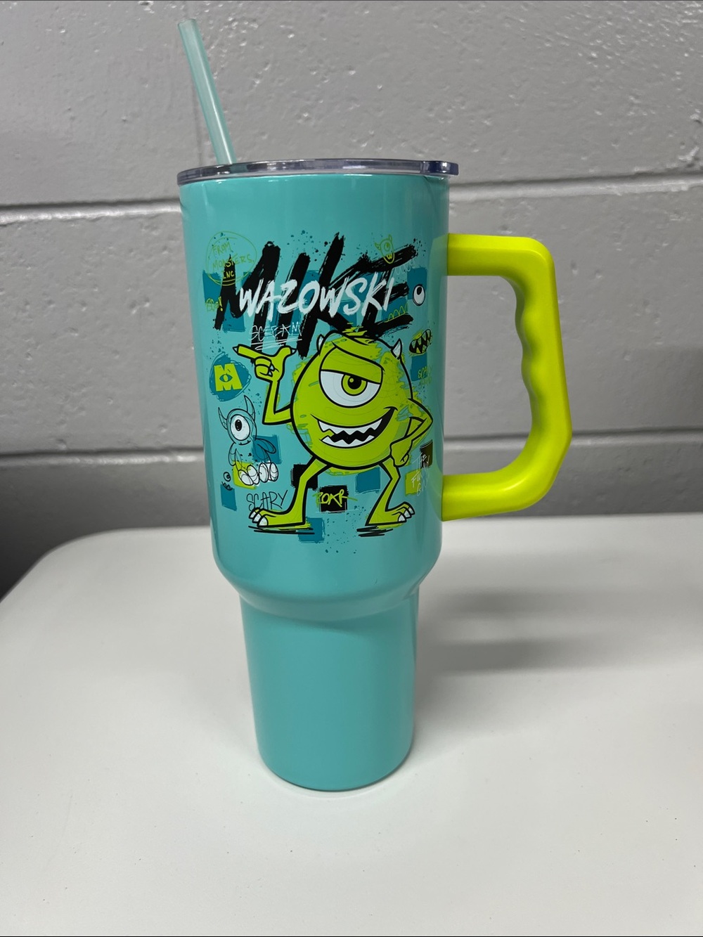 Monsters Inc. Mike Wazowski Aqua Travel Tumbler with Neon Yellow Handle 40oz